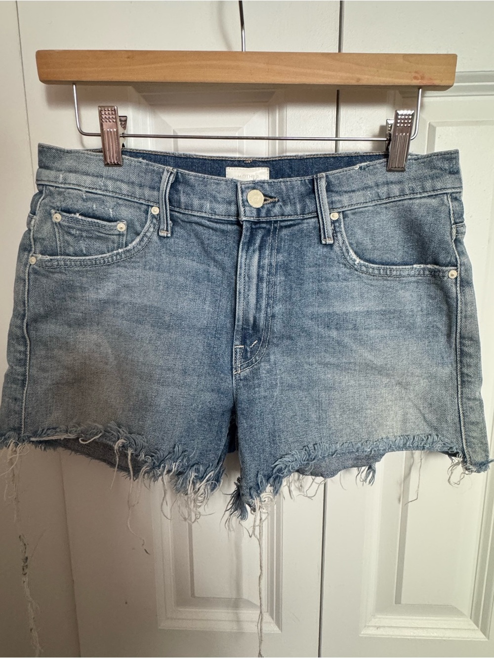 MOTHER Light Blue Frayed Hem Denim Shorts